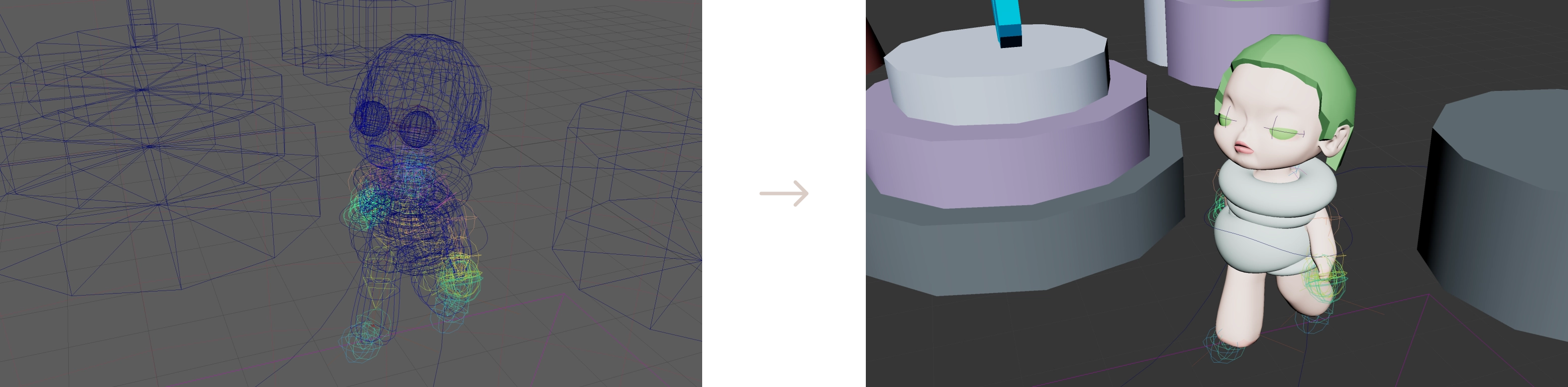 Character design — wireframe to shaded model