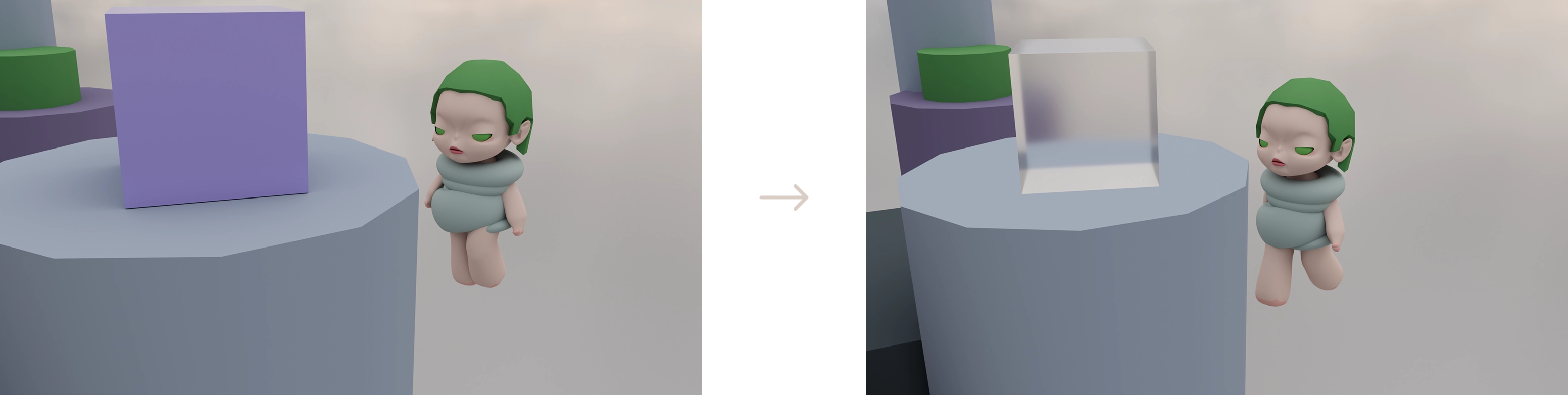 Material as motion — solid cube transitioning to transparent