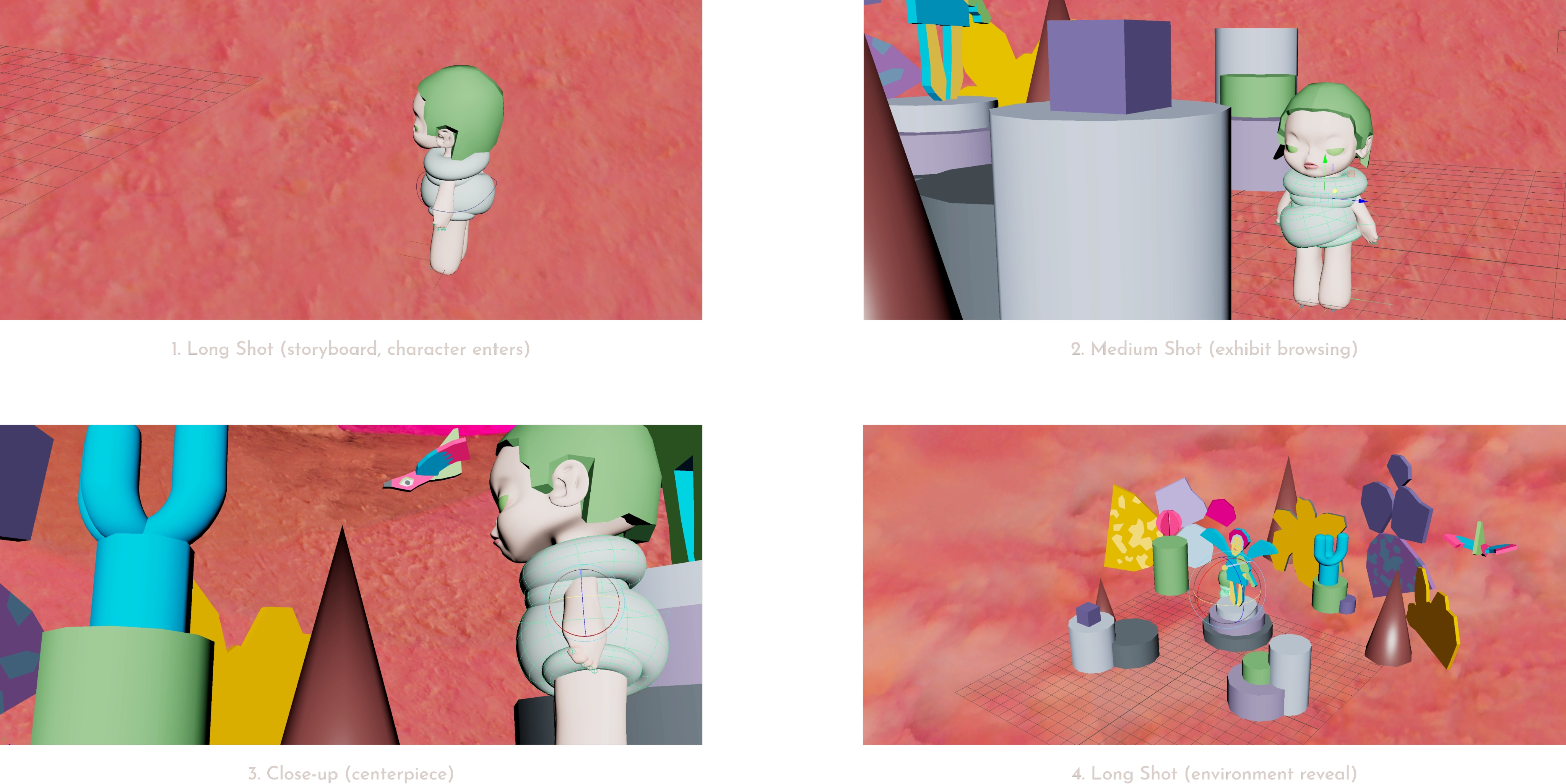 Shot progression — long shot, medium shot, close-up, and final long shot